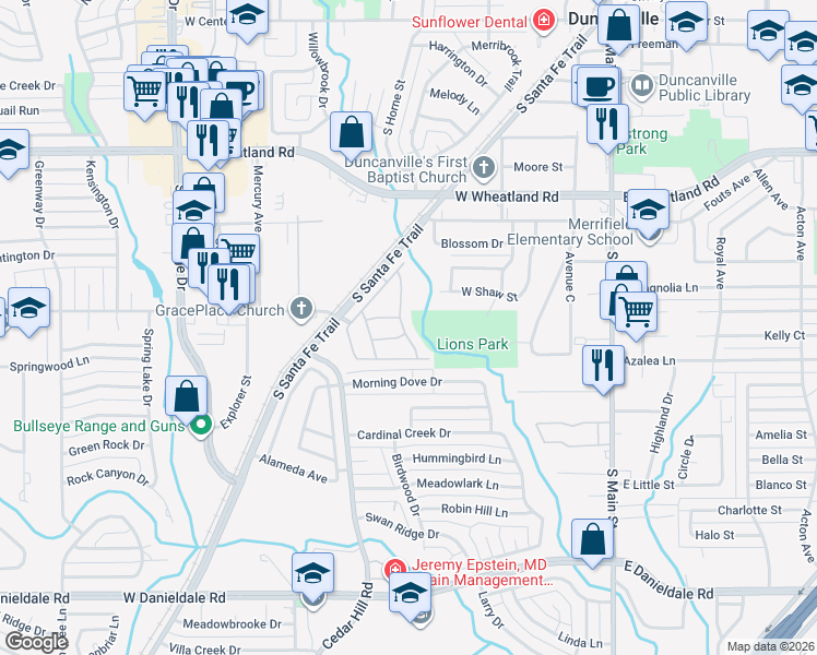 map of restaurants, bars, coffee shops, grocery stores, and more near 1010 Sagebrush Trail in Duncanville