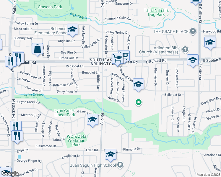 map of restaurants, bars, coffee shops, grocery stores, and more near 6422 Nicole Way in Arlington