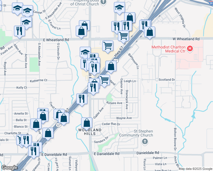 map of restaurants, bars, coffee shops, grocery stores, and more near 922 East Highway 67 in Duncanville