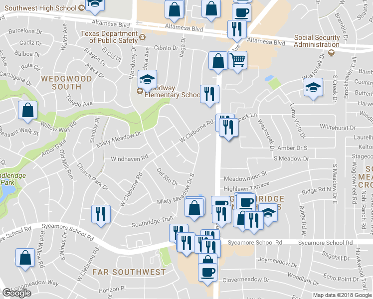 map of restaurants, bars, coffee shops, grocery stores, and more near 3617 Woodmoor Road in Fort Worth