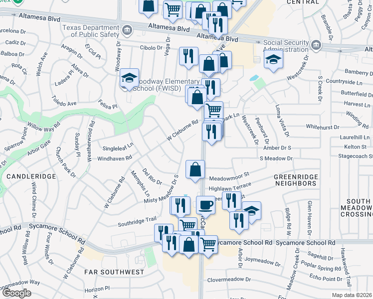 map of restaurants, bars, coffee shops, grocery stores, and more near 6925 Misty Meadow Drive South in Fort Worth