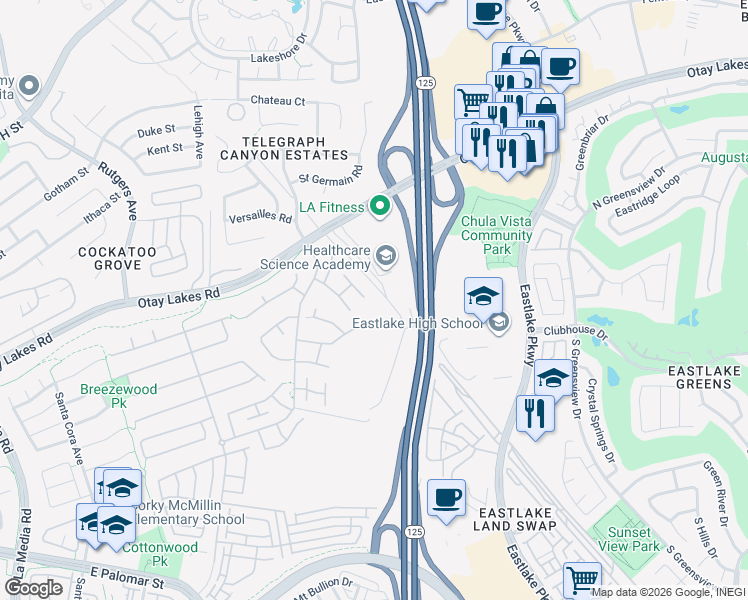 map of restaurants, bars, coffee shops, grocery stores, and more near 1063 Forest Hill Place in Chula Vista