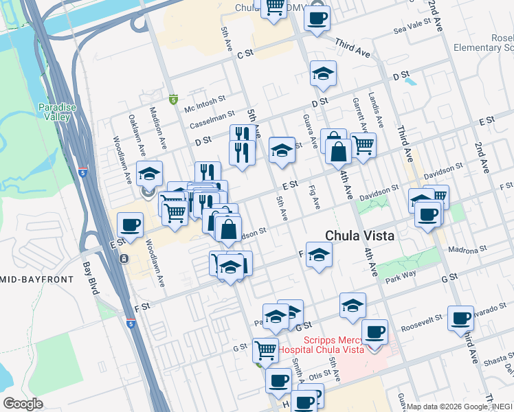 map of restaurants, bars, coffee shops, grocery stores, and more near 221 Cedar Avenue in Chula Vista