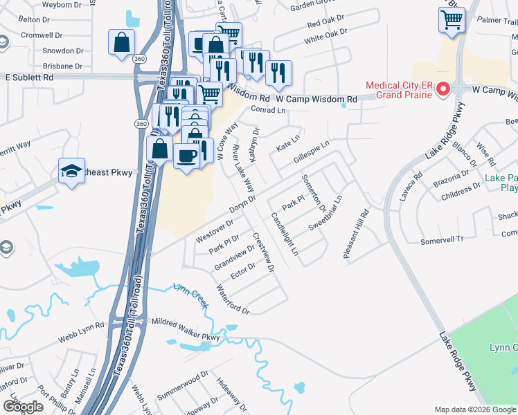map of restaurants, bars, coffee shops, grocery stores, and more near 5813 Tory Drive in Grand Prairie