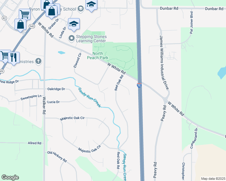 map of restaurants, bars, coffee shops, grocery stores, and more near 258 Red Oak Road in Byron