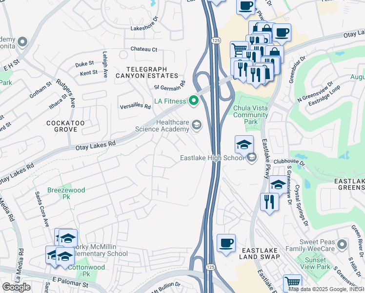 map of restaurants, bars, coffee shops, grocery stores, and more near 1054 Forest Hill Place in Chula Vista
