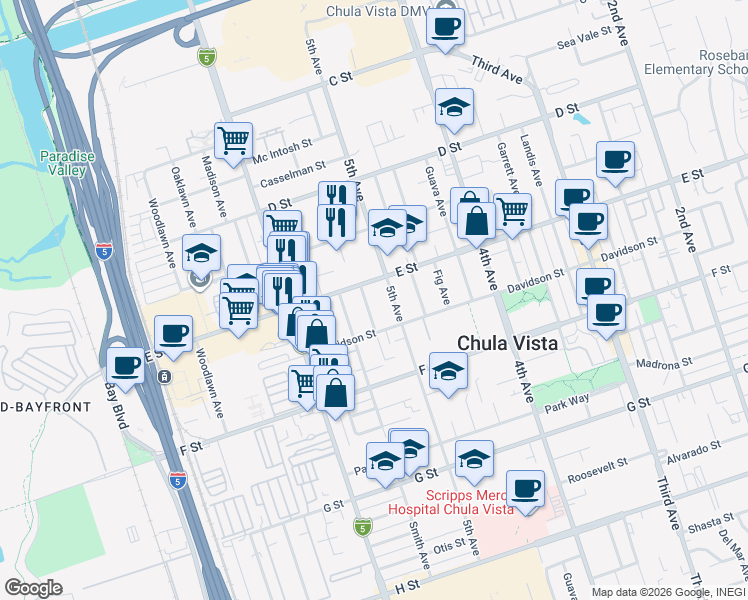 map of restaurants, bars, coffee shops, grocery stores, and more near 221 Cedar Avenue in Chula Vista