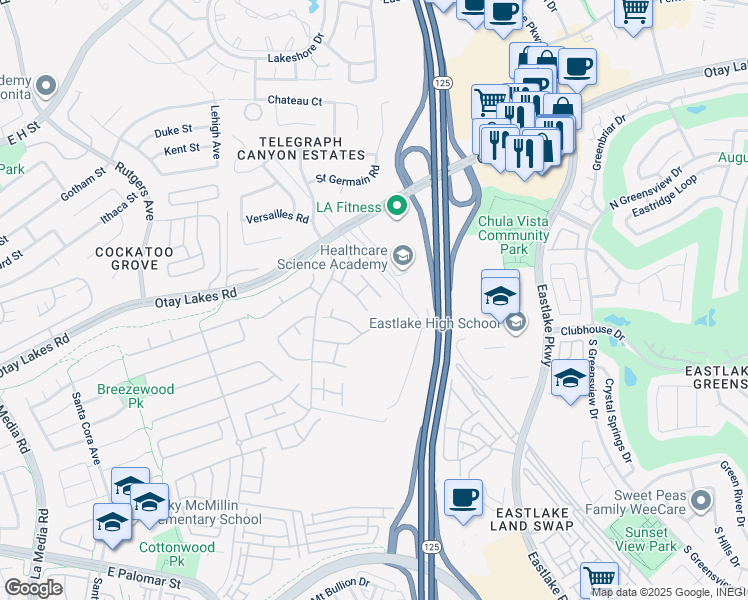 map of restaurants, bars, coffee shops, grocery stores, and more near 1054 Forest Hill Place in Chula Vista
