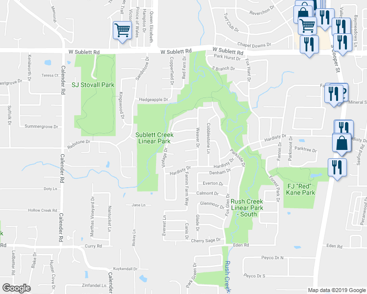 map of restaurants, bars, coffee shops, grocery stores, and more near 2411 Aramic Court in Arlington