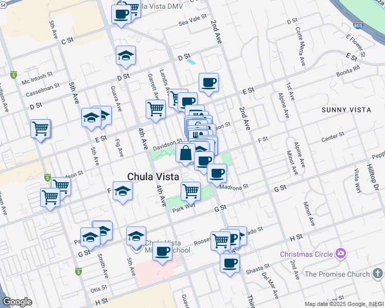 map of restaurants, bars, coffee shops, grocery stores, and more near 285-87 Landis Avenue in Chula Vista