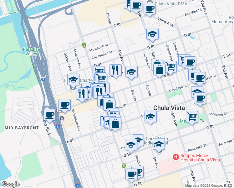 map of restaurants, bars, coffee shops, grocery stores, and more near 206 Beech Avenue in Chula Vista