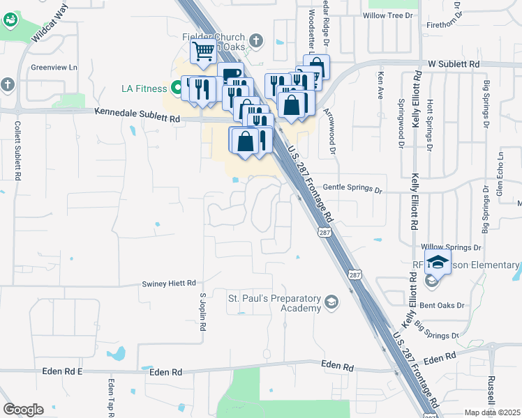 map of restaurants, bars, coffee shops, grocery stores, and more near 6500 U.S. 287 in Arlington
