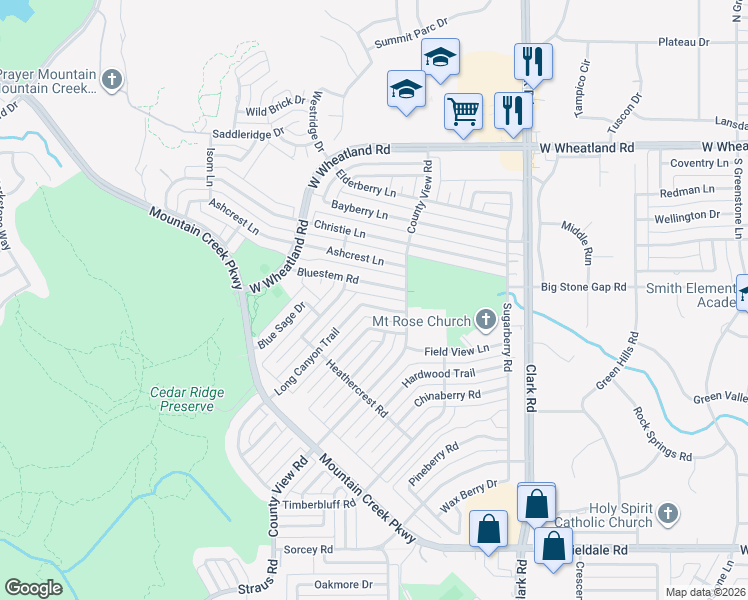 map of restaurants, bars, coffee shops, grocery stores, and more near 7127 Long Canyon Trail in Dallas
