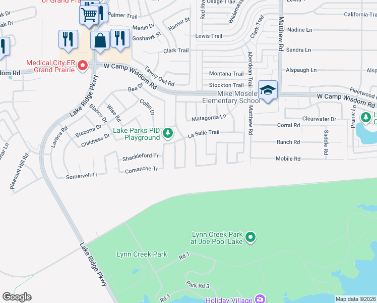 map of restaurants, bars, coffee shops, grocery stores, and more near 5440 San Patricio Drive in Grand Prairie