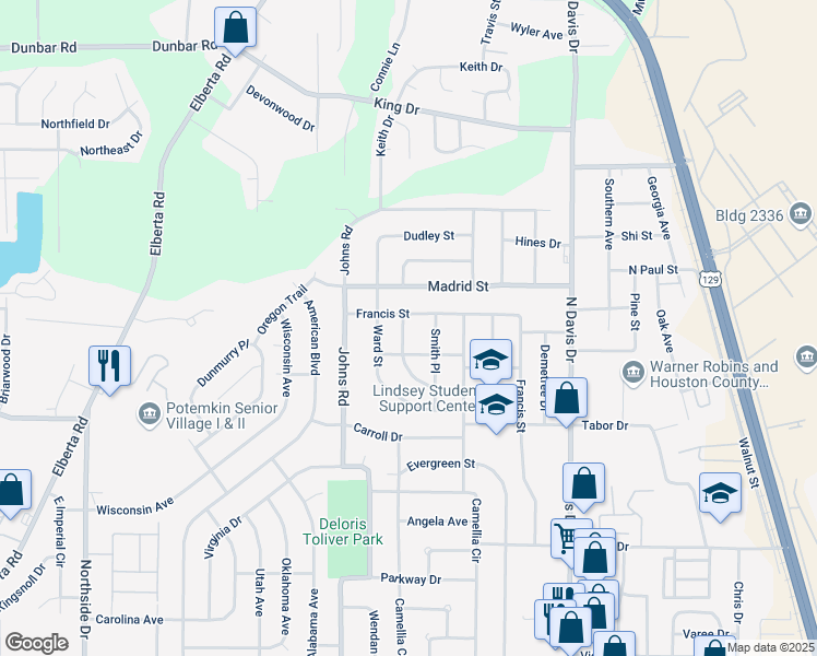 map of restaurants, bars, coffee shops, grocery stores, and more near 224 Crescent Drive in Warner Robins