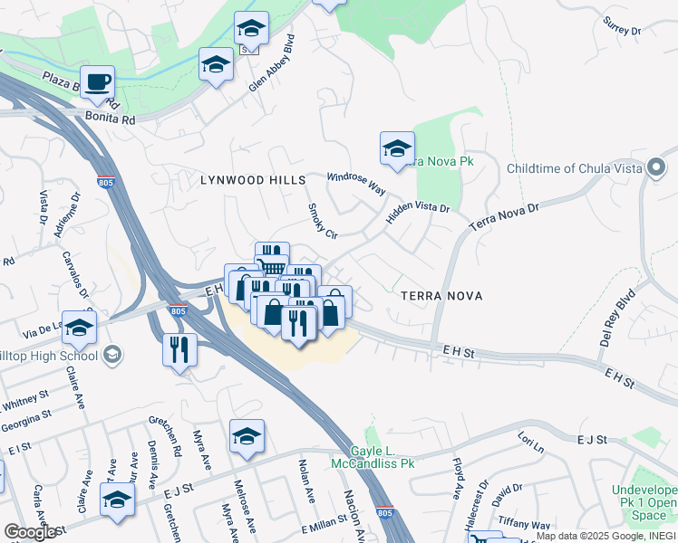 map of restaurants, bars, coffee shops, grocery stores, and more near 433 Sanibelle Circle in Chula Vista