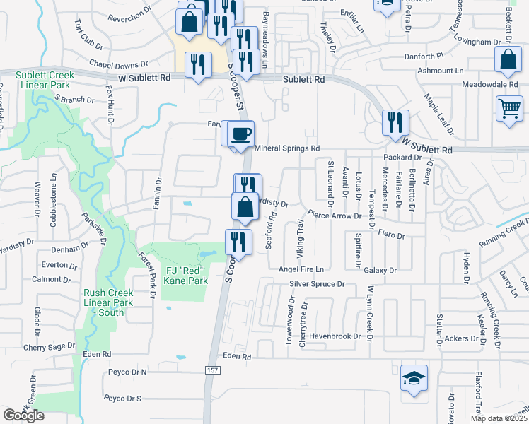 map of restaurants, bars, coffee shops, grocery stores, and more near 1201 Rushing Wind Court in Arlington