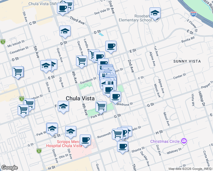 map of restaurants, bars, coffee shops, grocery stores, and more near 290 3rd Avenue in Chula Vista
