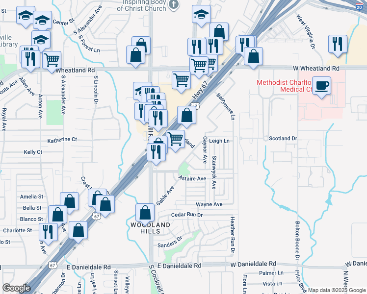 map of restaurants, bars, coffee shops, grocery stores, and more near 922 East Highway 67 in Duncanville