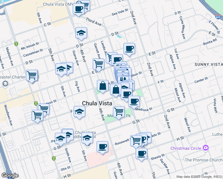 map of restaurants, bars, coffee shops, grocery stores, and more near 275 Garrett Avenue in Chula Vista