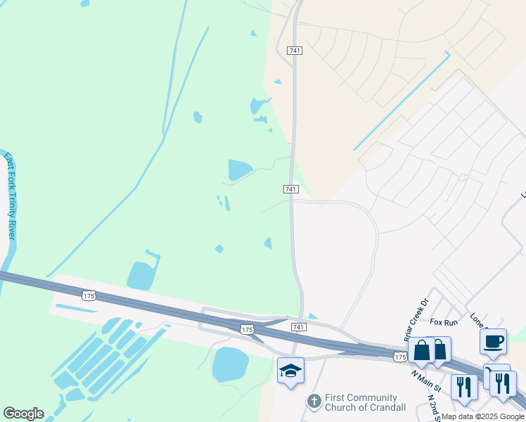 map of restaurants, bars, coffee shops, grocery stores, and more near 1469 Farm to Market Road 741 in Crandall