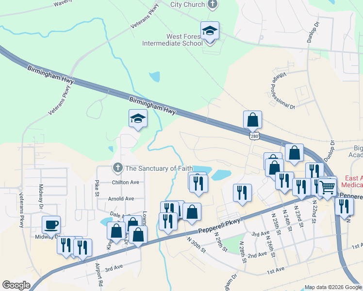 map of restaurants, bars, coffee shops, grocery stores, and more near Spring Lakes Crossing in Opelika