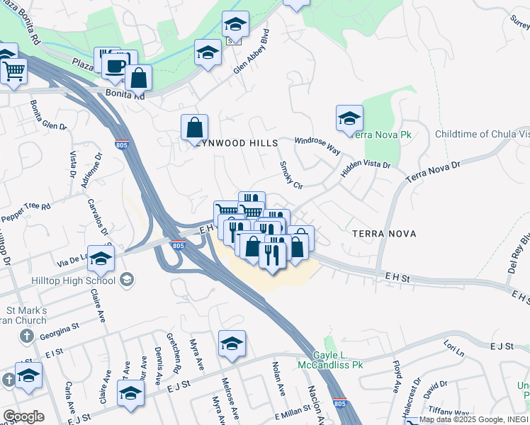 map of restaurants, bars, coffee shops, grocery stores, and more near 363 Windjammer Circle in Chula Vista