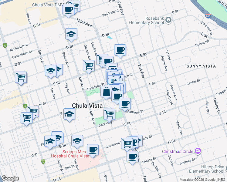 map of restaurants, bars, coffee shops, grocery stores, and more near 285-87 Landis Avenue in Chula Vista