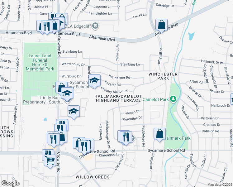 map of restaurants, bars, coffee shops, grocery stores, and more near 1408 Andante Drive in Fort Worth