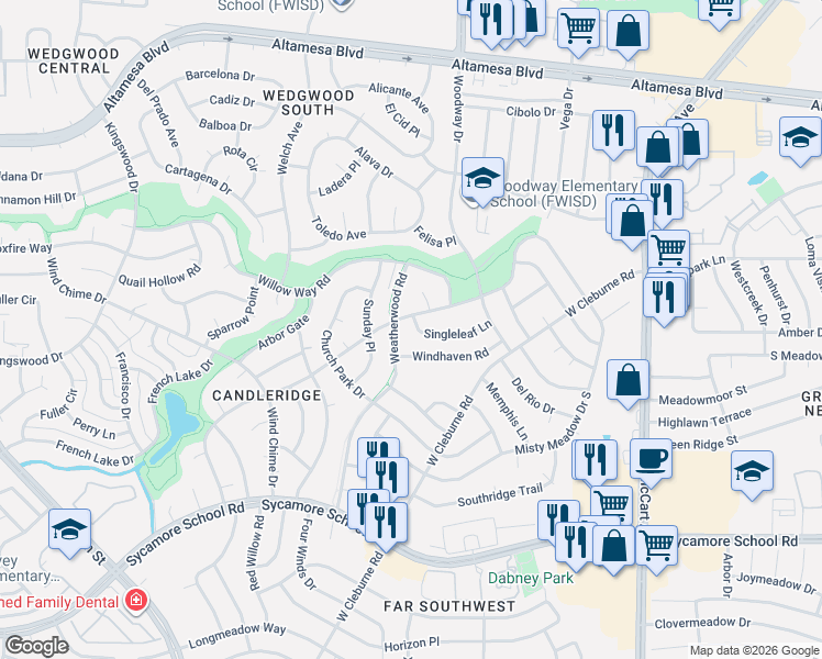 map of restaurants, bars, coffee shops, grocery stores, and more near 3957 Singleleaf Lane in Fort Worth