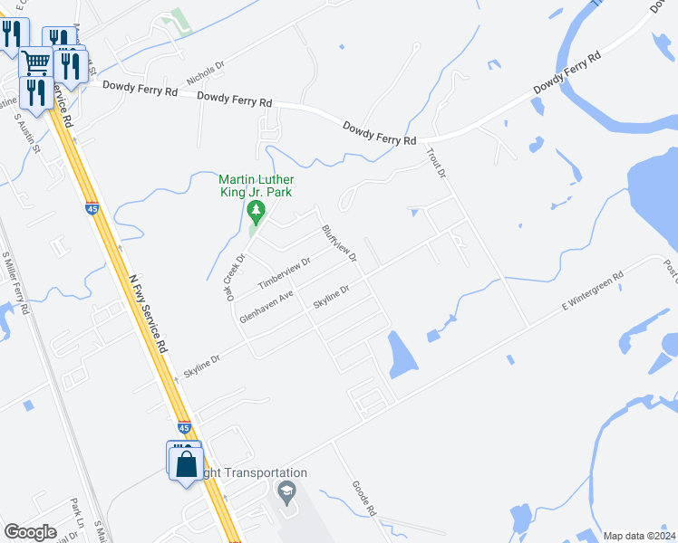 map of restaurants, bars, coffee shops, grocery stores, and more near 1212 Glenhaven Drive in Hutchins