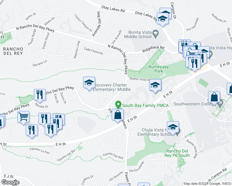 map of restaurants, bars, coffee shops, grocery stores, and more near 1186 Camino Biscay in Chula Vista