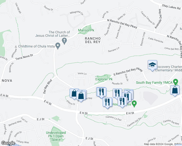 map of restaurants, bars, coffee shops, grocery stores, and more near 863 Verin Lane in Chula Vista