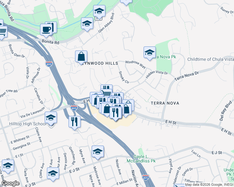 map of restaurants, bars, coffee shops, grocery stores, and more near 319 Windjammer Circle in Chula Vista