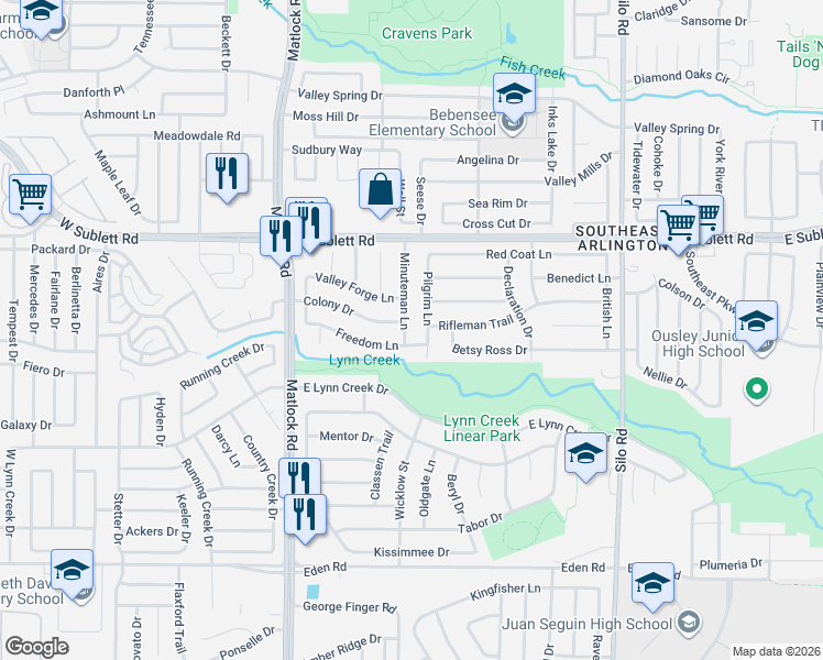 map of restaurants, bars, coffee shops, grocery stores, and more near 6404 Pilgrim Lane in Arlington
