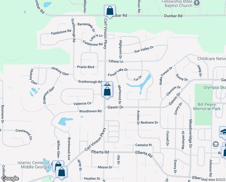 map of restaurants, bars, coffee shops, grocery stores, and more near 105 Regent Court in Warner Robins