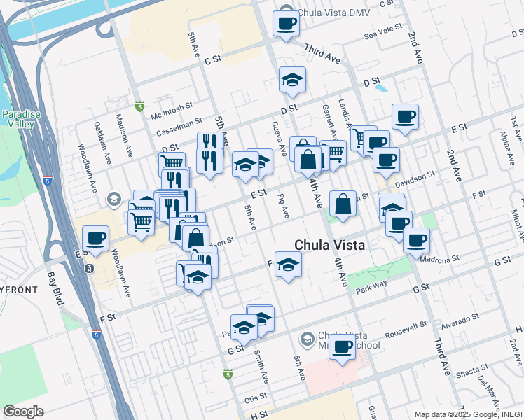 map of restaurants, bars, coffee shops, grocery stores, and more near 231 5th Avenue in Chula Vista