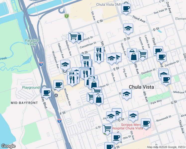 map of restaurants, bars, coffee shops, grocery stores, and more near in Chula Vista