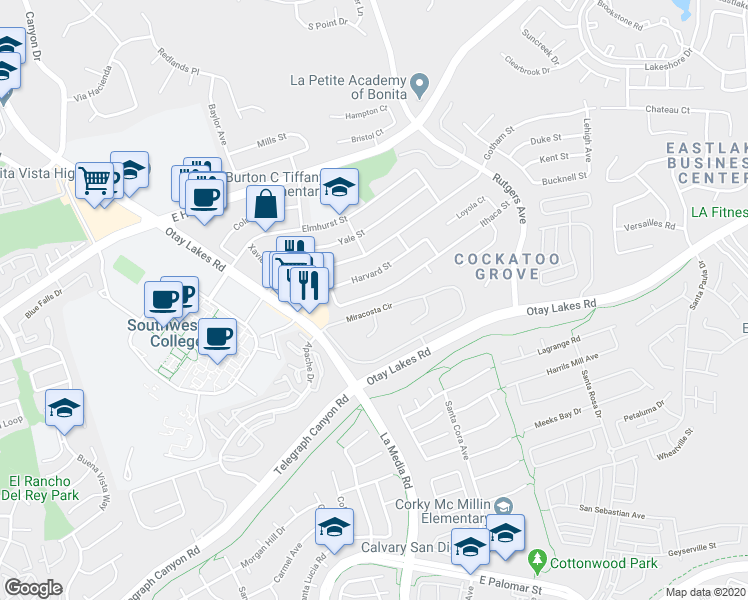 map of restaurants, bars, coffee shops, grocery stores, and more near 1638 Miracosta Circle in Chula Vista