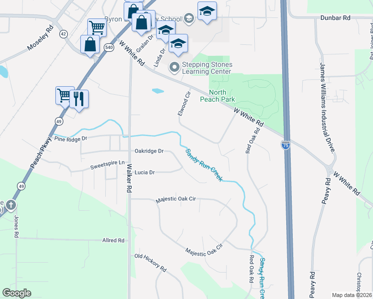 map of restaurants, bars, coffee shops, grocery stores, and more near 1017 Oakridge Drive in Byron