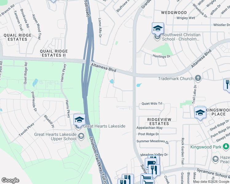 map of restaurants, bars, coffee shops, grocery stores, and more near 5599 Mesa Springs Drive in Fort Worth