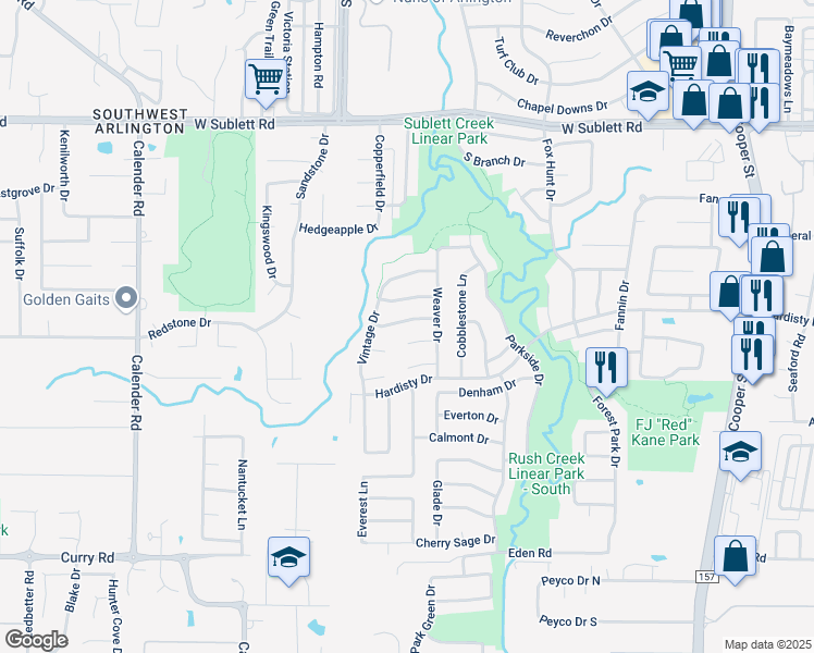map of restaurants, bars, coffee shops, grocery stores, and more near 2411 Aramic Court in Arlington
