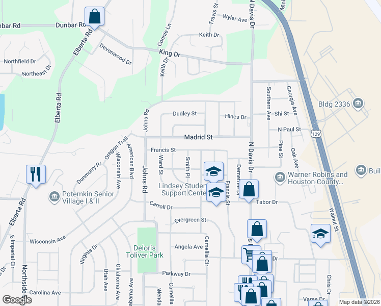 map of restaurants, bars, coffee shops, grocery stores, and more near 421 North Avenue in Warner Robins