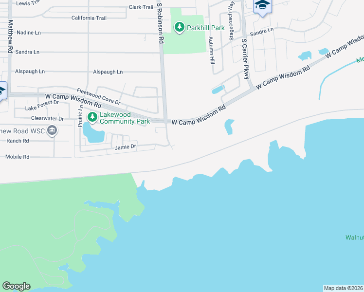 map of restaurants, bars, coffee shops, grocery stores, and more near 5411 South Robinson Road in Grand Prairie