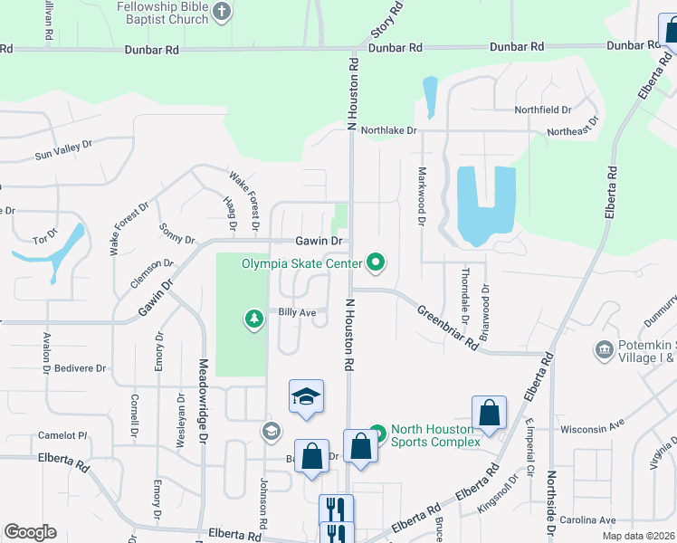 map of restaurants, bars, coffee shops, grocery stores, and more near 1035-1037 North Houston Road in Warner Robins