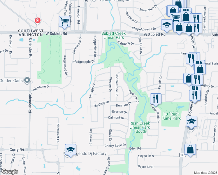 map of restaurants, bars, coffee shops, grocery stores, and more near 2400 Mesa Glen Drive in Arlington