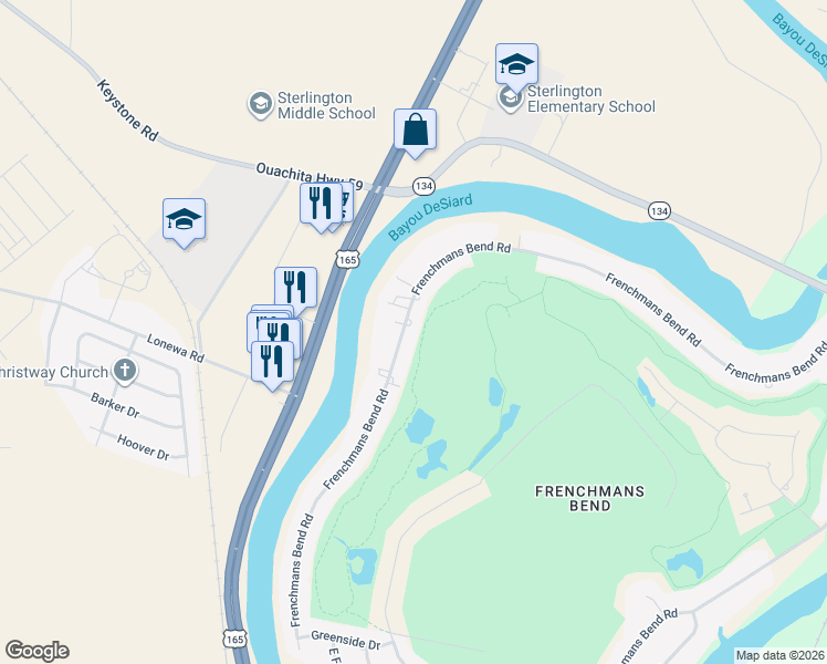 map of restaurants, bars, coffee shops, grocery stores, and more near 1454 Frenchmans Bend Rd in Monroe