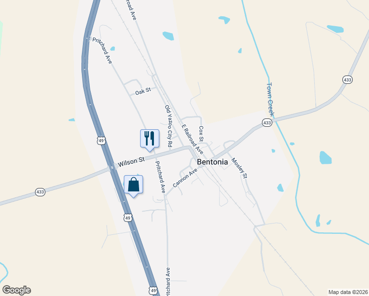 map of restaurants, bars, coffee shops, grocery stores, and more near 101 Wilson Street in Bentonia