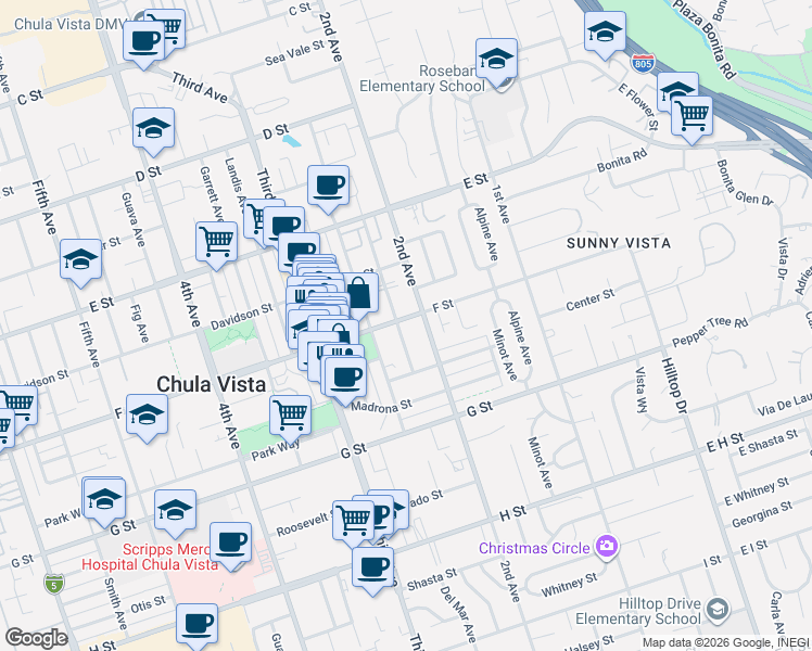 map of restaurants, bars, coffee shops, grocery stores, and more near 317 Twin Oaks Avenue in Chula Vista