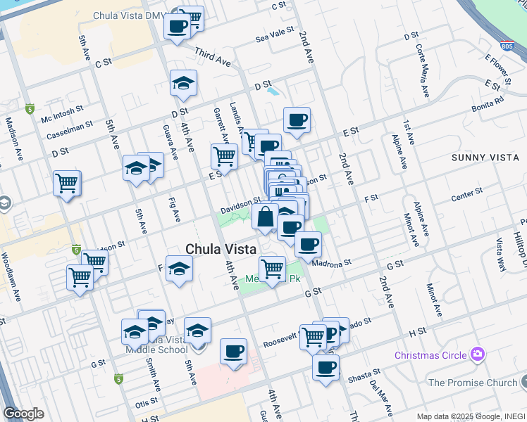 map of restaurants, bars, coffee shops, grocery stores, and more near 285-87 Landis Avenue in Chula Vista
